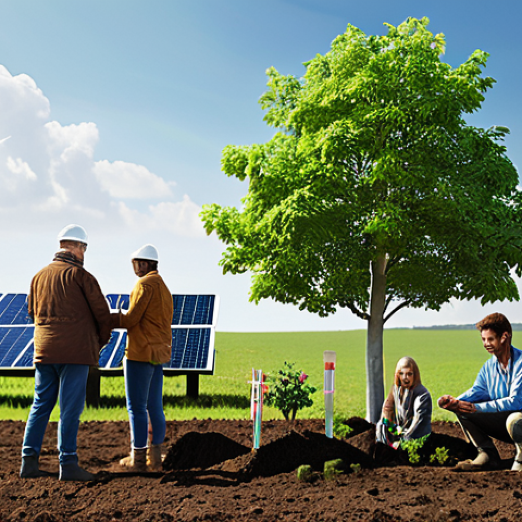 A diverse group of people planting trees, with solar panels and wind turbines in the background, symbolizing environmental protection and sustainable energy. The scene conveys a sense of collaboration and hope for a better future.