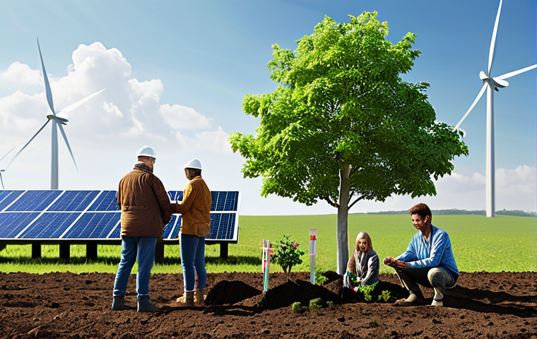 A diverse group of people planting trees, with solar panels and wind turbines in the background, symbolizing environmental protection and sustainable energy. The scene conveys a sense of collaboration and hope for a better future.